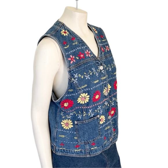 VTG SUSAN BRISTOL Floral Embroidered Denim Vest Bohemian Festival SZ L - Picture 7 of 13